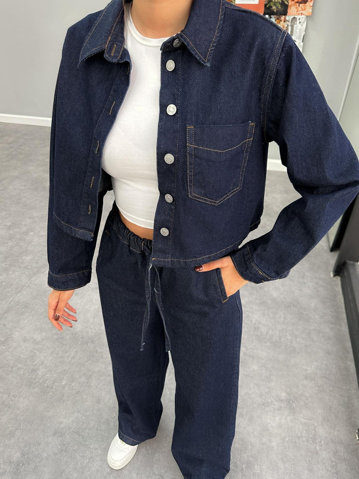 Ensemble denim femme avec veste en jean courte et pantalon ample Xenia
