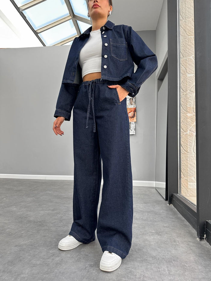 Ensemble denim femme avec veste en jean courte et pantalon ample Xenia