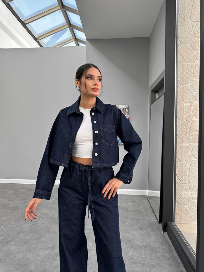 Ensemble denim femme avec veste en jean courte et pantalon ample Xenia