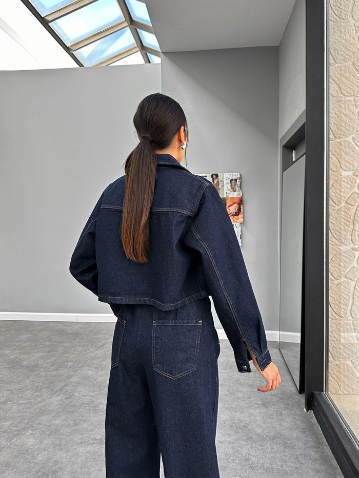 Ensemble denim femme avec veste en jean courte et pantalon ample Xenia