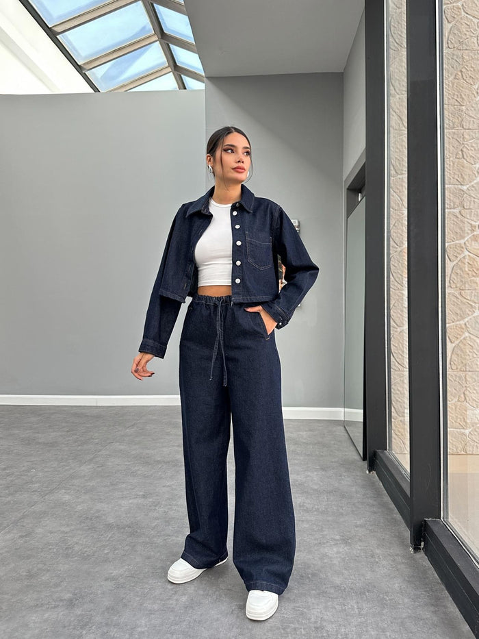 Ensemble denim femme avec veste en jean courte et pantalon ample Xenia