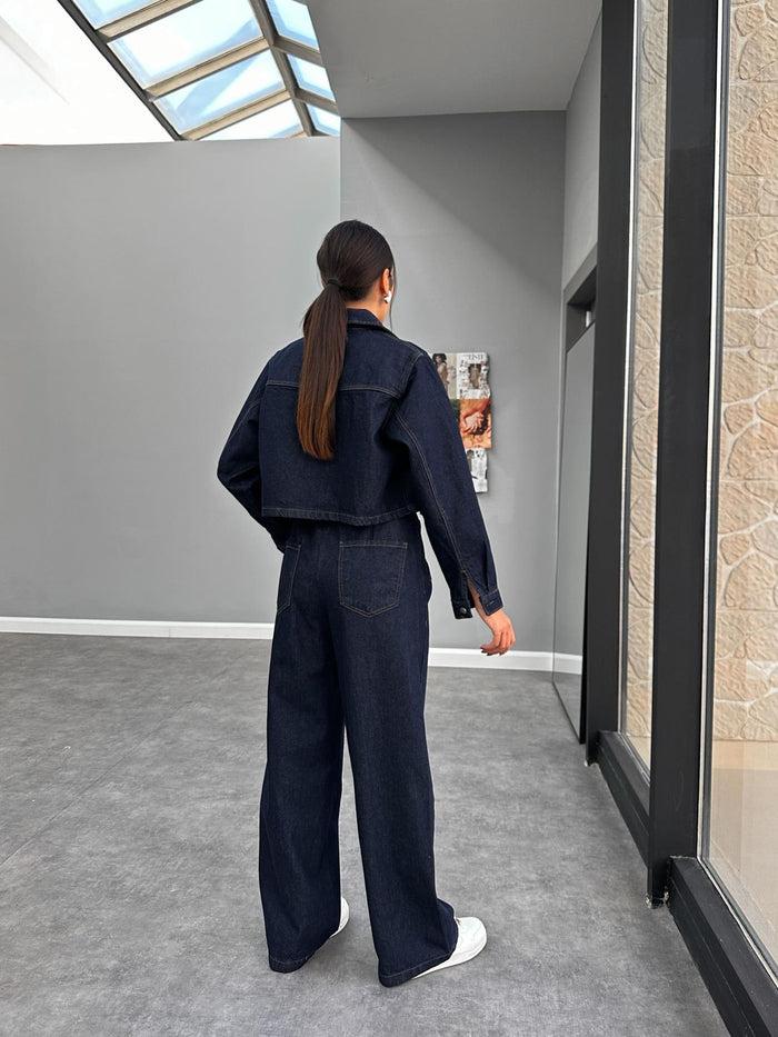Ensemble denim femme avec veste en jean courte et pantalon ample Xenia