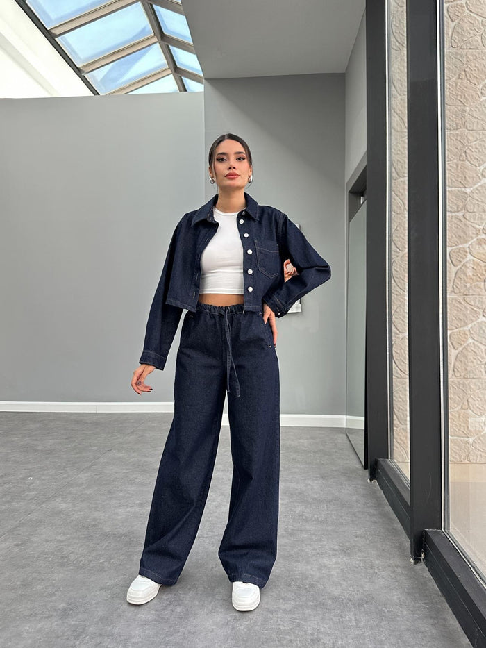 Ensemble denim femme avec veste en jean courte et pantalon ample Xenia